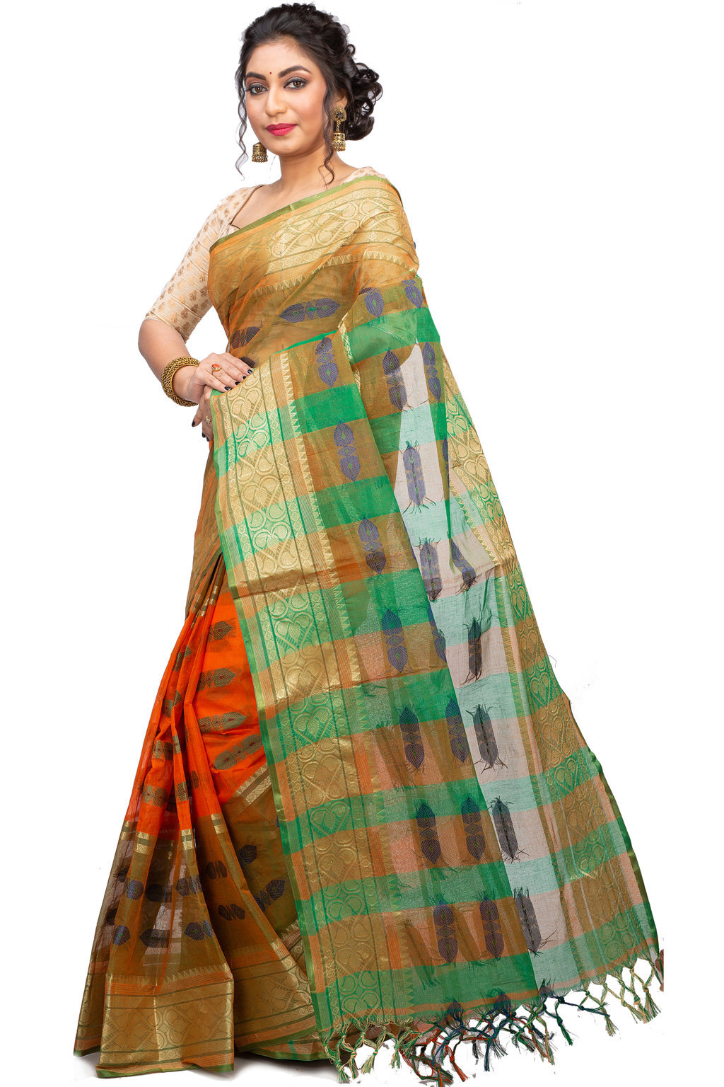Orange Green Pure Cotton Raj Nandi Desigine Tant Saree (2830)